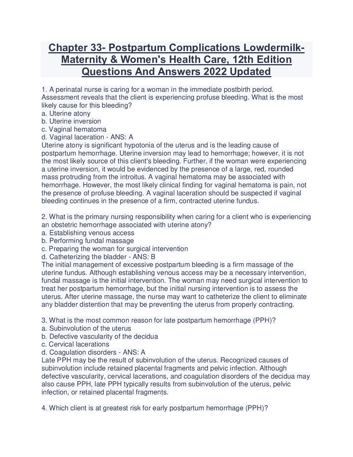 Preview of Chapter 33- Postpartum Complications LowdermilkMaternity & Women's Health Care, 12th Edit